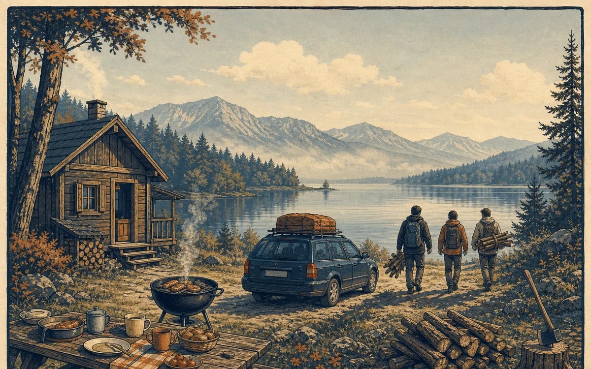 Illustration for the A2 story "Ein Wochenende am See": Jonas plans a quiet weekend at the lake and learns that bad weather can still make a good story.