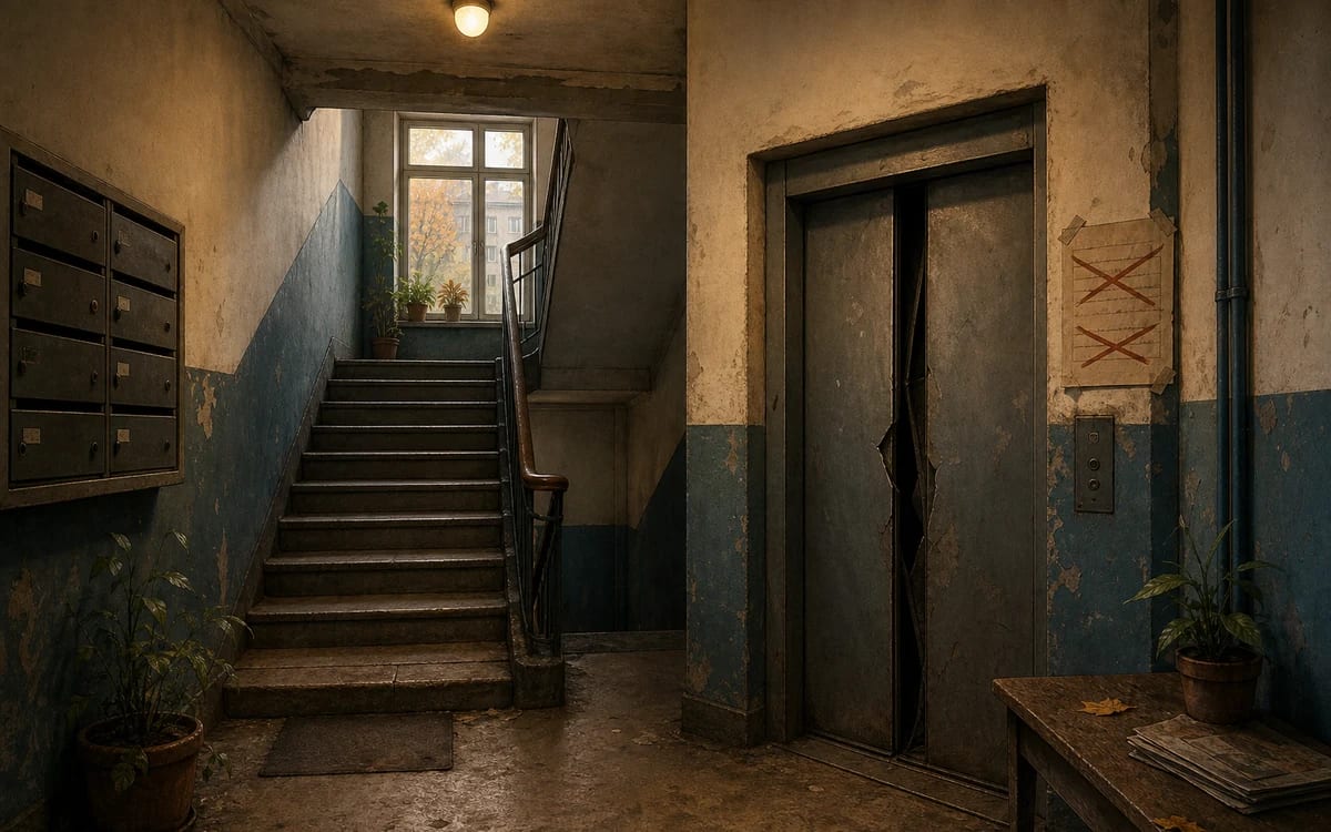 Illustration for the B2 story "El ascensor que no llega": A broken elevator in a Buenos Aires apartment building forces two neighbors from different generations into an unexpected conversation that changes their view o