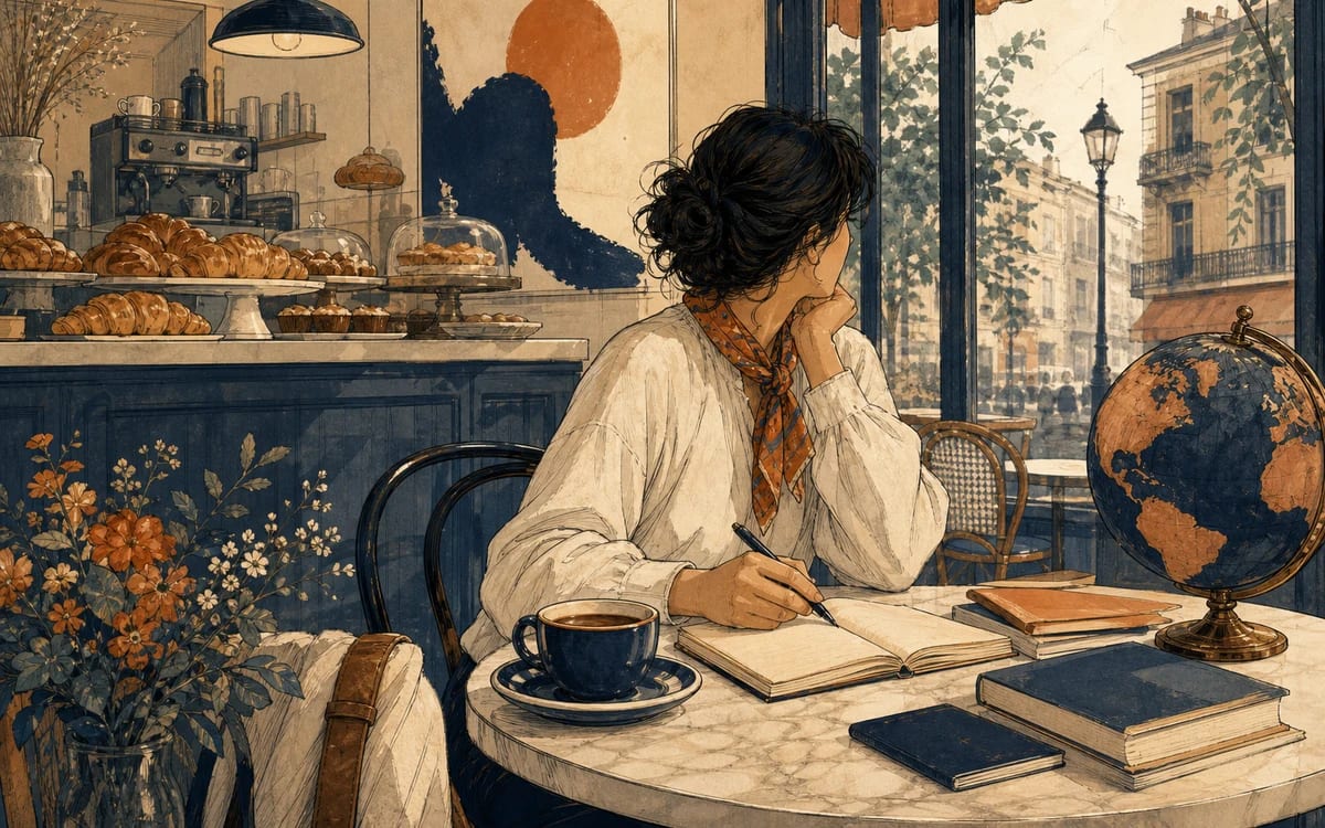 Illustration for the A1 story "El Café de la Mañana": . Setting cues: bakery-cafe.