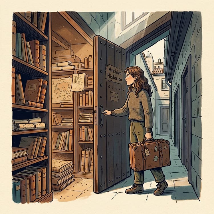 Illustration for the A2 story "El Descubrimiento de Clara": Clara walks into the library's old archive room carrying a suitcase.