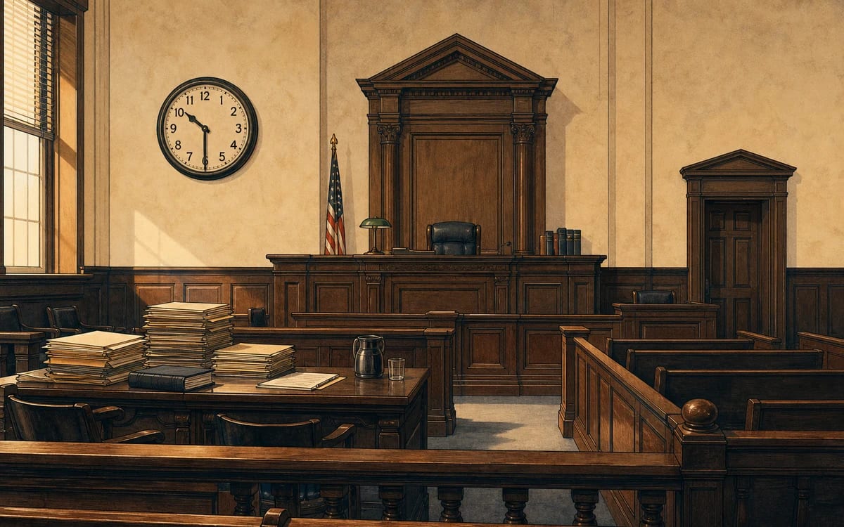 Illustration for the B2 story "El juicio": A minor property dispute in a small-town courtroom reveals a decades-old neighborhood secret during cross-examination that no one expected.