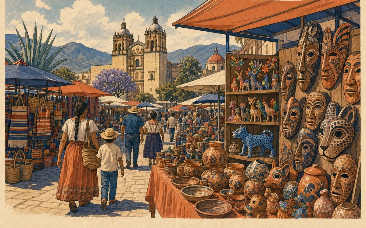 Illustration for the B2 story "El mercado de artesanos": A visitor at an Oaxaca artisan market discovers that a seemingly simple ceramic piece carries a story her local guide won't translate.