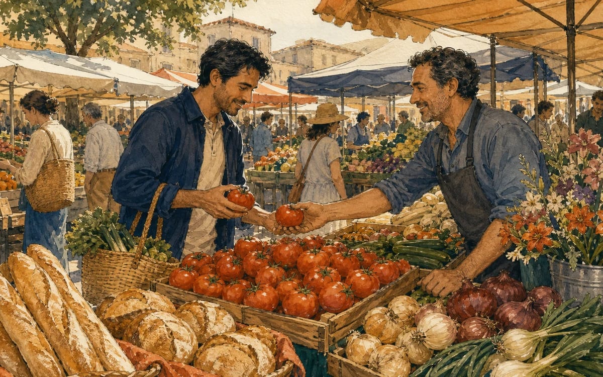Pedro chooses ripe tomatoes from a friendly vendor at a lively Spanish open-air market.