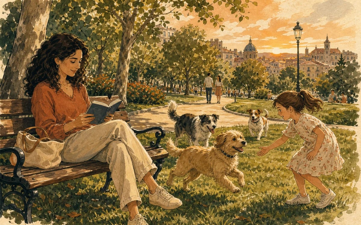 Sofía reads on a park bench while Max runs toward a girl and other dogs on a sunny Sunday.