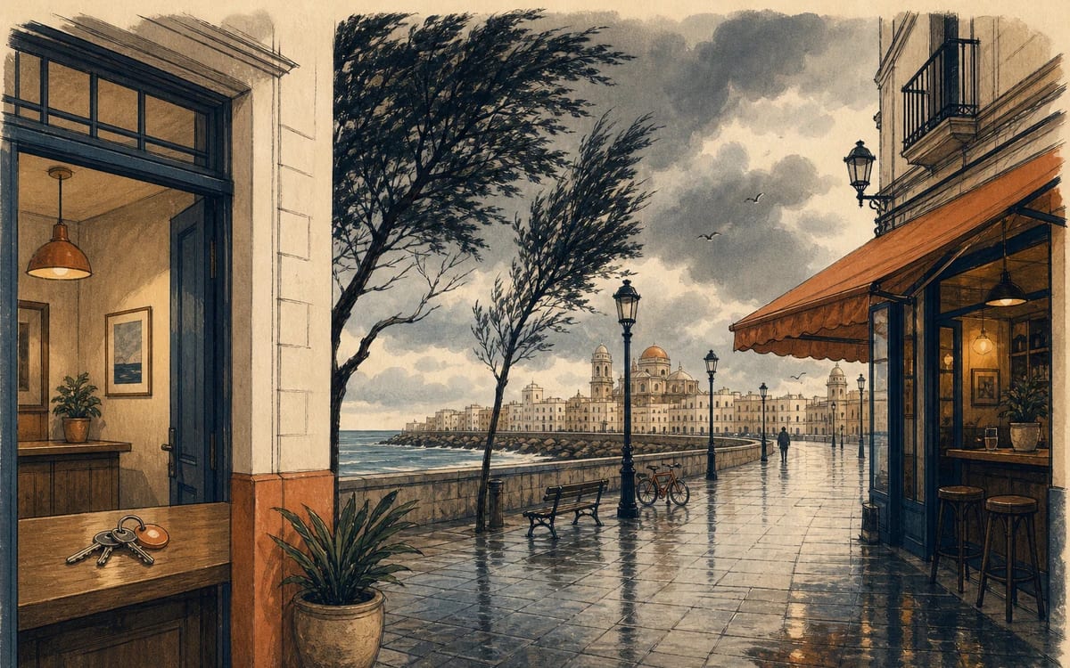 Illustration for the B1 story "El puente de septiembre": A planned beach weekend in Cádiz turns into an unexpected exploration of a hidden cove when rain forces two friends off the sand.