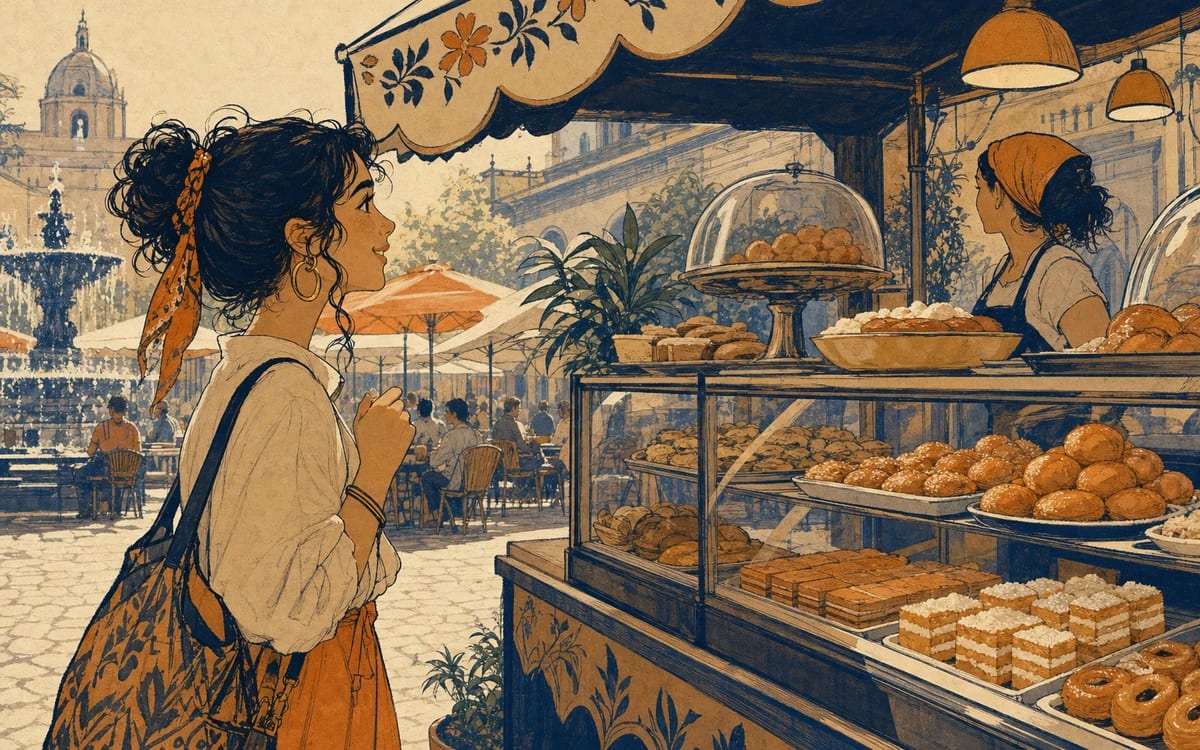 Illustration for the A1 story "El puesto de churros": Luciana follows the smell of hot oil and discovers how to order sweets at a plaza stall without hesitation.