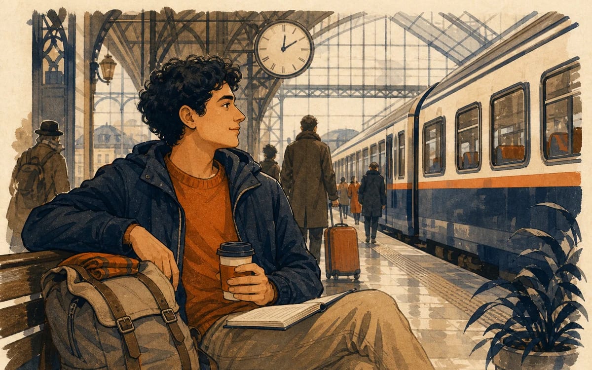 Illustration for the A2 story "El Viaje en Tren": Mateo travels by train to visit his cousin and learns to handle a small delay calmly.