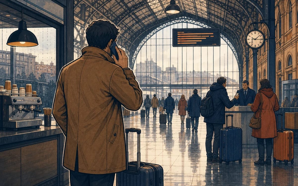 Illustration for the B2 story "El vuelo reprogramado": At Madrid Atocha, Pablo learns his flight to Lisbon was cancelled and must rebook by phone while the station loudspeakers never stop.