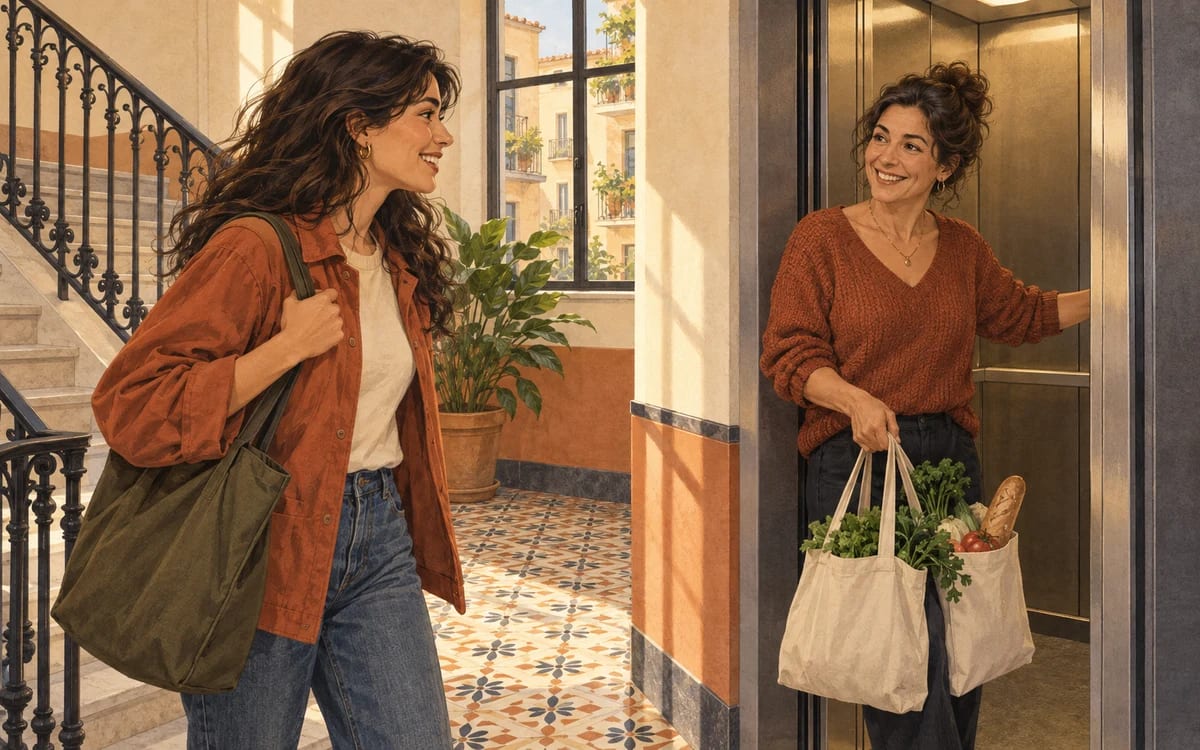Illustration from the first Spanish lesson: Marta meets her new neighbor Elena on the stairs of her building