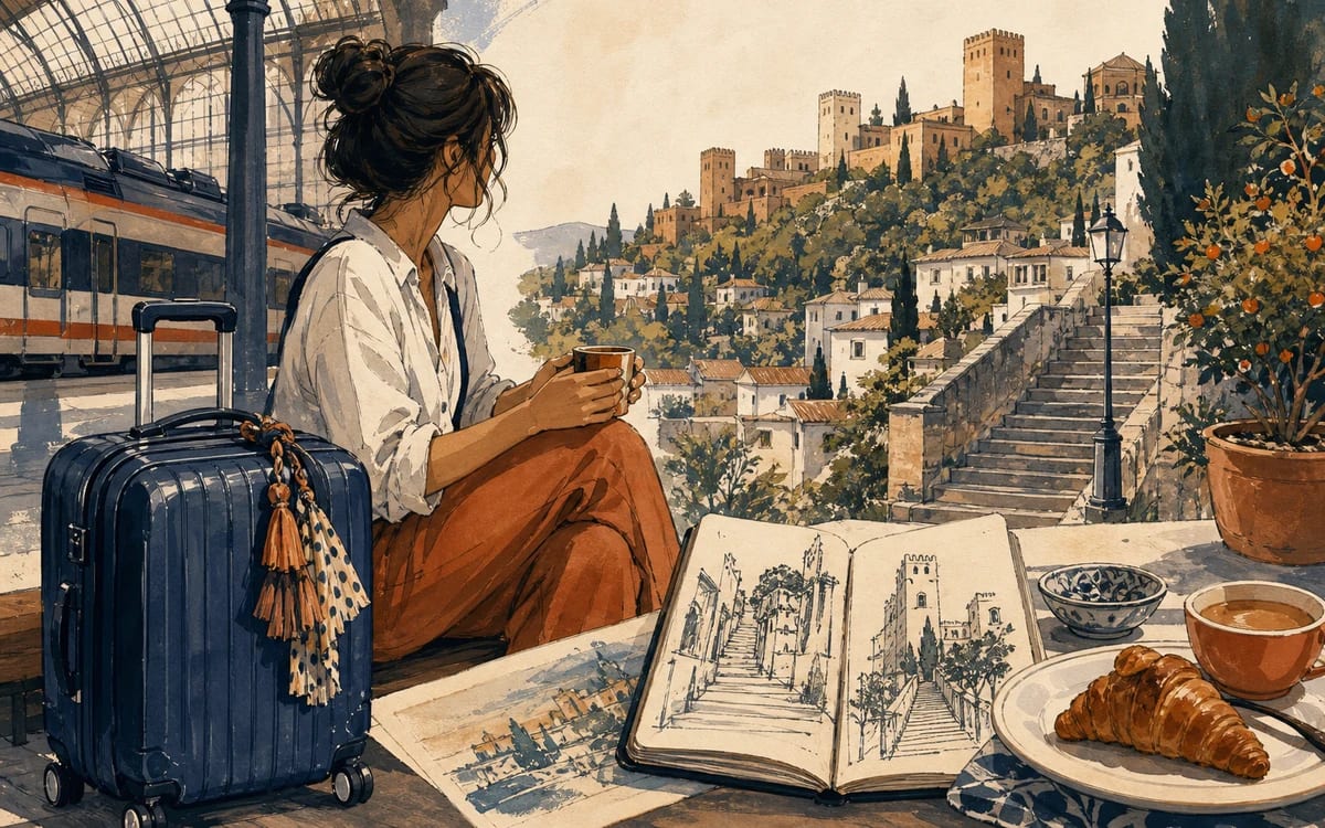 Illustration for the A2 story "Fin de semana en Granada": Laura combines a squeaky suitcase, a hillside mirador, and a slow breakfast to learn Granada one staircase at a time.