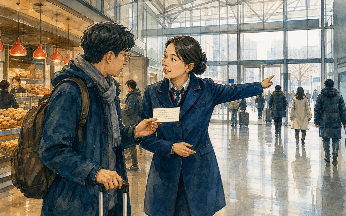 Leo shows a handwritten address to a station employee beside his suitcase in the bright Seoul Station arrival hall.