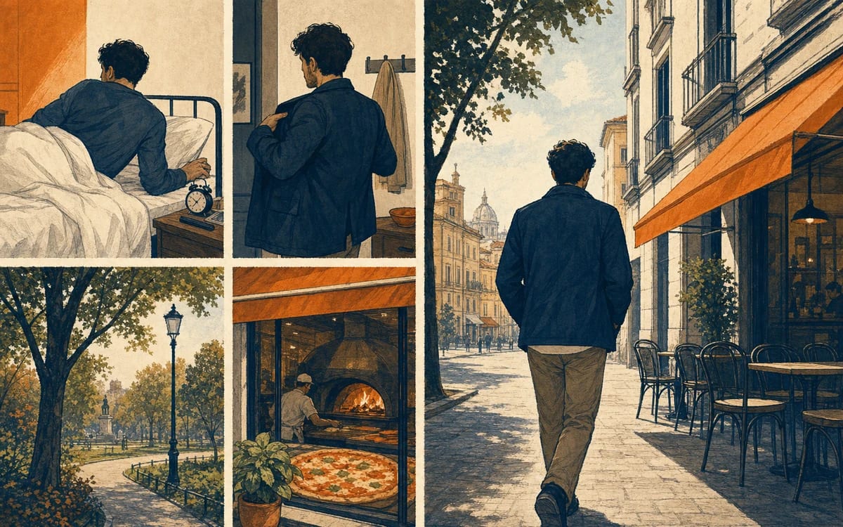 Illustration for the A1 story "Il Caffe della Mattina": Every morning, Marco wakes up at seven. He gets dressed quickly and leaves the house. He walks down the street to the bar below his home.