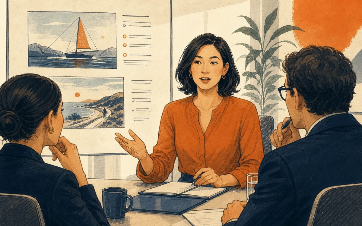 Illustration for the A2 story "Il colloquio di lavoro": Elena walks HR through two shipped projects, answers remote-team cadence without buzzwords, and names a salary band after one composed breath.