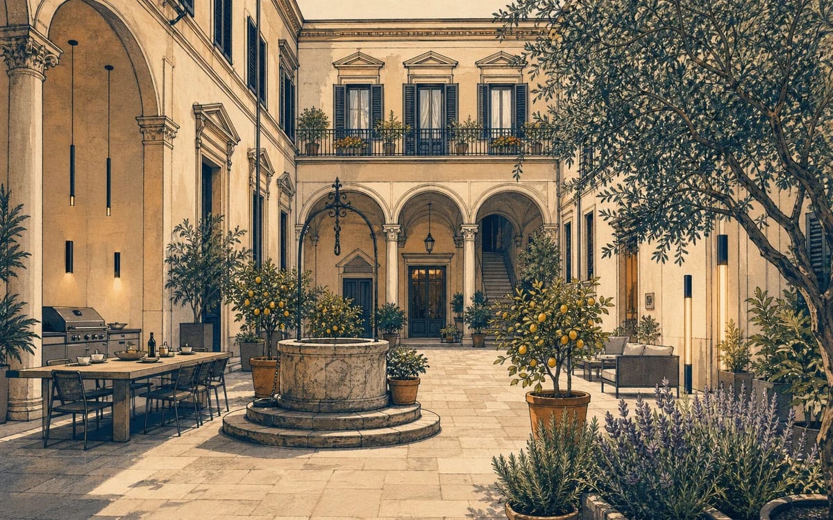 Illustration for the B2 story "Il Condominio del Sabato": A dispute about the courtyard garden at a Roman palazzo exposes a deeper rift between old and new residents.