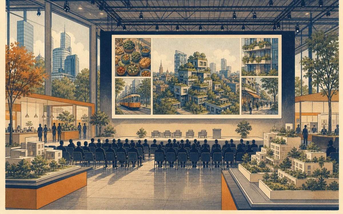Illustration for the B2 story "Il Convegno a Milano": A young architect's presentation is upstaged by a colleague who claims her idea as his own at a design conference in Milan.