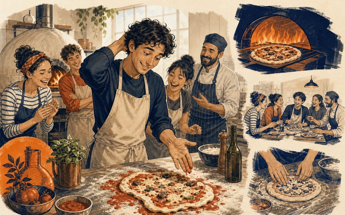 Illustration for the A2 story "Il Corso di Cucina": Marco joins a cooking class and learns that mistakes can make the evening more memorable.