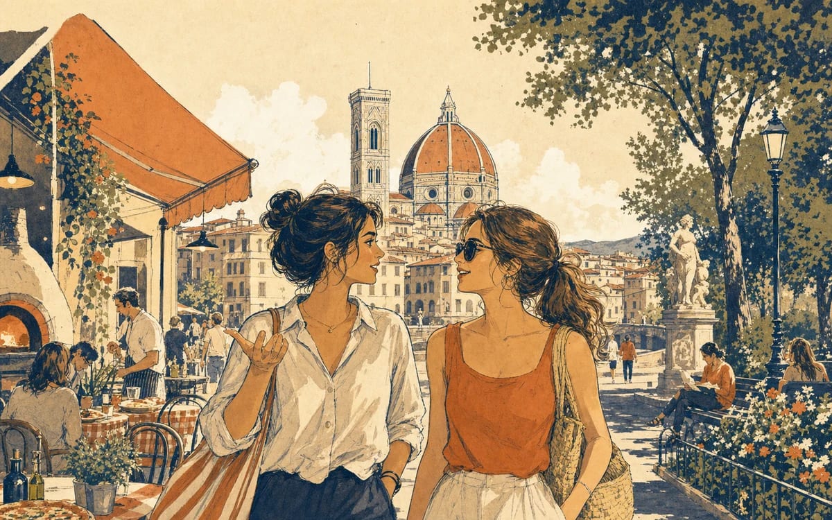 Illustration for the A1 story "Il Gelato Perfetto": It's a hot summer afternoon. Sofia walks through the streets of Florence with her friend Chiara. "I feel like having a gelato," says Sofia.