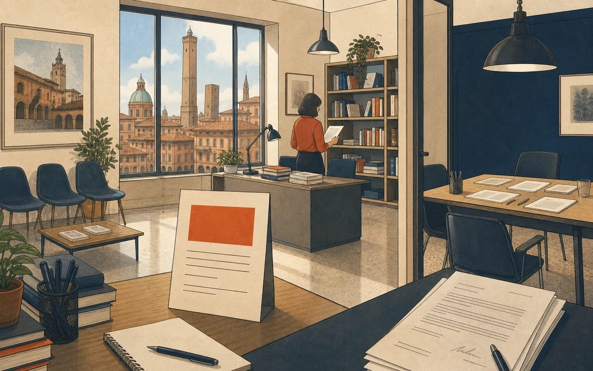 Illustration for the B2 story "Il Posto Vacante": A job interview at a Bologna publishing house reveals that the position may not be what the candidate was led to believe.