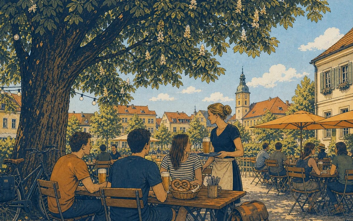 Illustration for the A1 story "Im Biergarten": It is Friday evening and Felix meets his friends at the beer garden. The weather is warm and the sky is blue. They sit under a large chestnut tree.