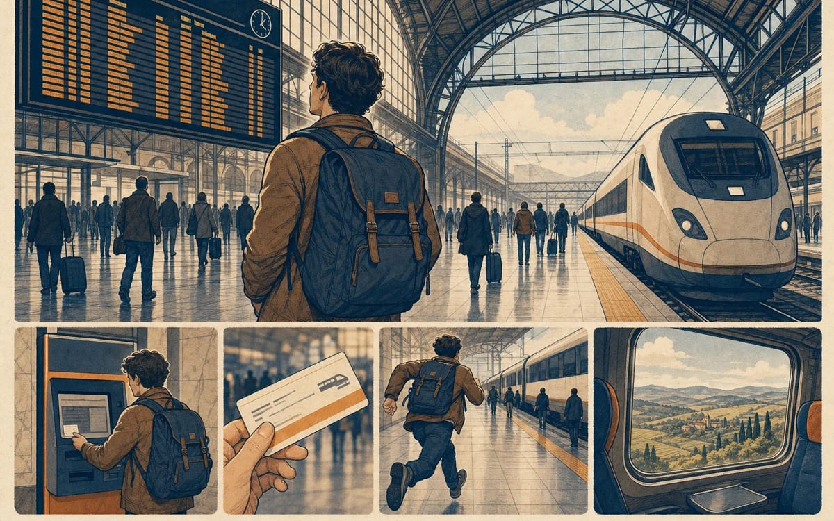 Illustration for the A1 story "In Treno verso Firenze": Luca takes the train from Rome to Florence. The Roma Termini station is big and noisy. Luca looks at the departure board. His train departs from platform five a