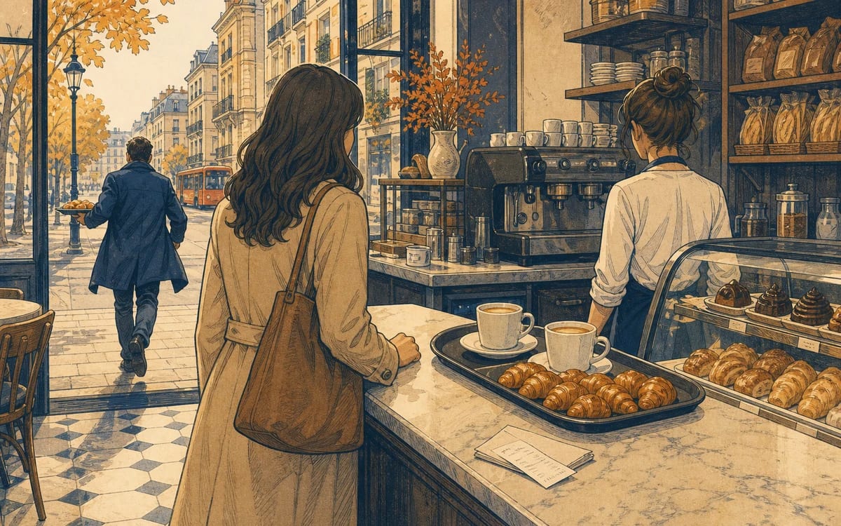 Illustration for the B1 Spanish reader "La bandeja equivocada": At a Granada bakery-café, Lucía’s pastry order disappears just before an important studio meeting.