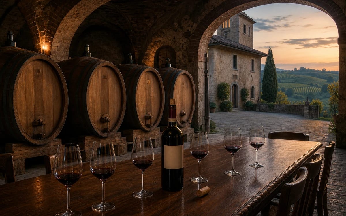 Illustration for the B2 story "La Bottiglia di Barolo": An expensive bottle of Barolo tastes wrong at a Piedmont wine tasting — and the sommelier suspects sabotage.