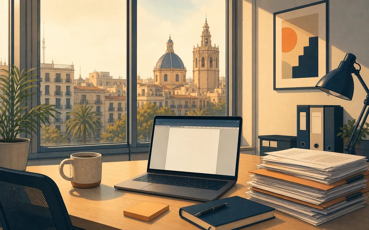 Illustration for the B1 story "La carta de reclamación": Sofia must draft a formal complaint letter for a dissatisfied client but struggles to balance firmness and politeness in a Valencia office.