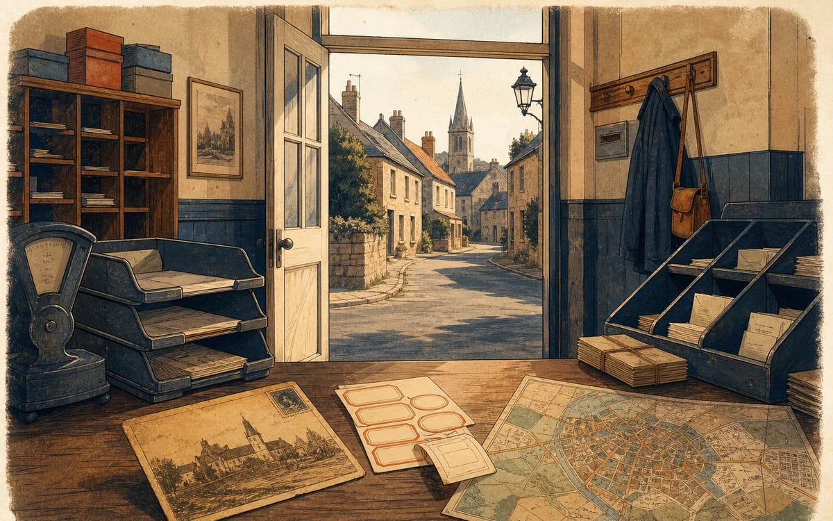 Illustration for the B2 story "La carte postale": A misdelivered postcard from 1985 leads a postal worker in a small Normandy town to unravel a love story the town forgot.