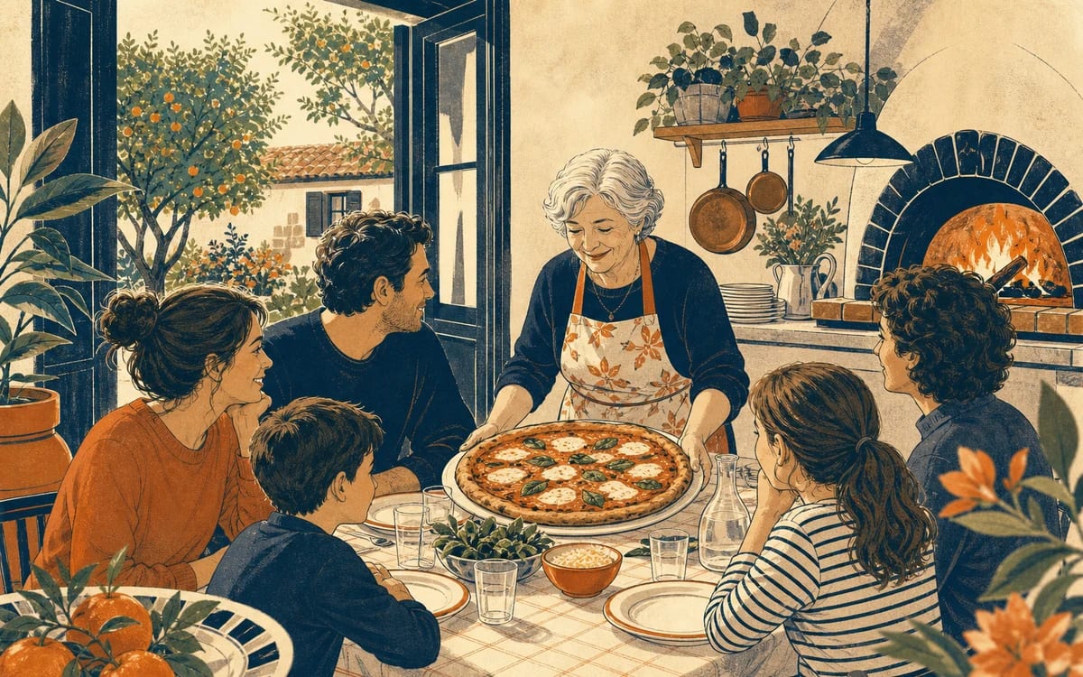 Illustration for the A1 story "La Cena della Nonna": Every Sunday, the Rossi family goes to dinner at grandmother's house. The grandmother's name is Teresa and she lives in a small house with a big garden.