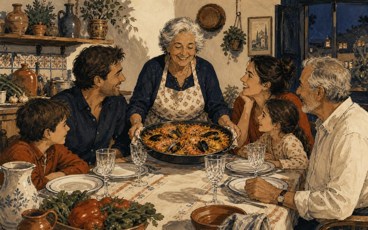 The Rodríguez family gathers around grandmother’s seafood paella at a table set with crystal glasses.