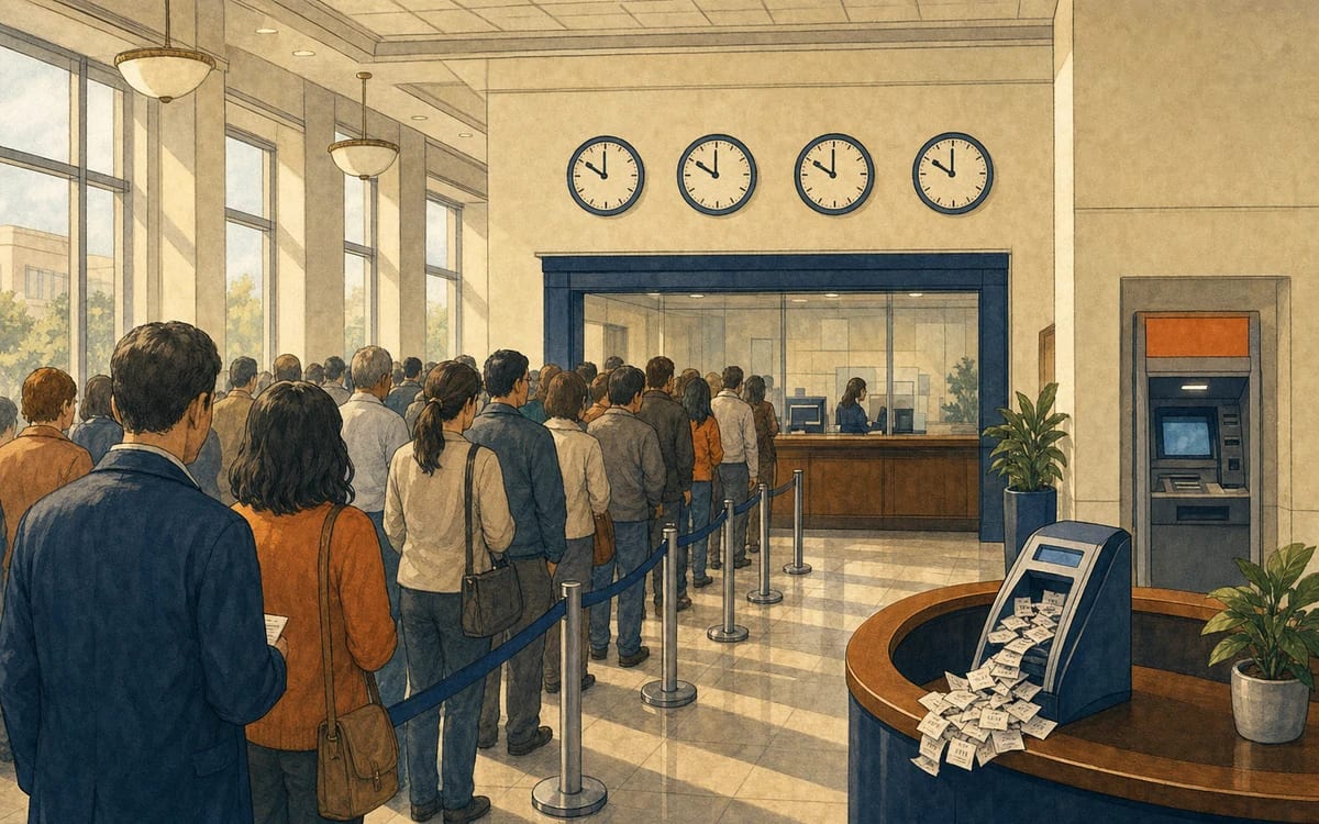 Illustration for the B1 story "La cola en el banco": Ana joins a long bank queue in Madrid and overhears a conversation that changes her rushed morning into something unexpected.