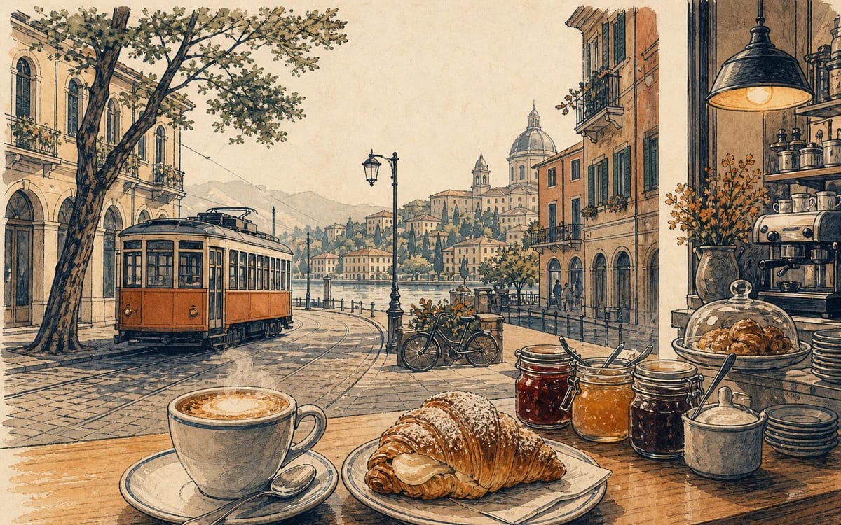 Illustration for the A1 story "La Colazione da Marta": A regular customer's usual order is accidentally swapped, leading to a pleasant breakfast discovery in Naples.