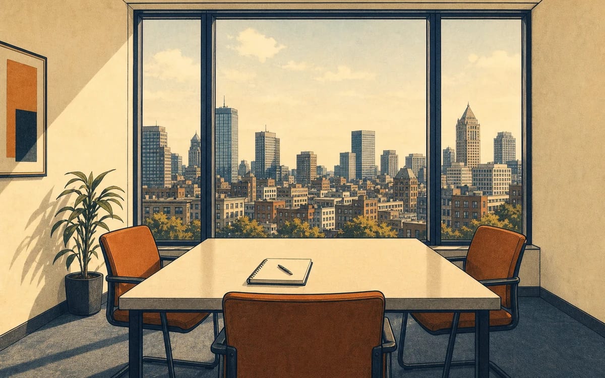 Illustration for the B2 story "La entrevista final": The final round interview at a Mexico City corporate headquarters takes a turn when the hiring manager asks a question that is not in the script.