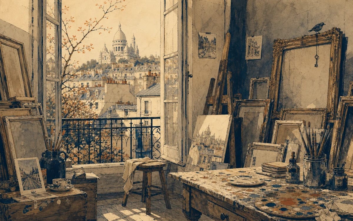 Illustration for the B2 story "La fabrique du souvenir": A granddaughter discovers that her grandmother's paintings in a Montmartre workshop hide a coded family history spanning two generations.