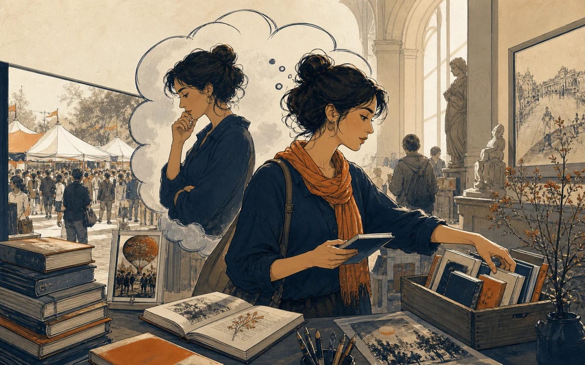 Illustration for the B1 story "La Feria del Libro en Madrid": Isa trades crowded tents for handwritten dedications—and argues with herself about which stories deserve shelf space tonight.
