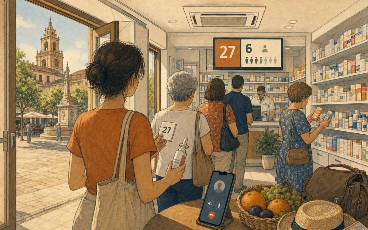 Illustration for the B1 story "La fila en la farmacia": In Seville's pharmacy queue, Elena buys nasal spray while her mother on speaker and a stranger warn about the midday sun.