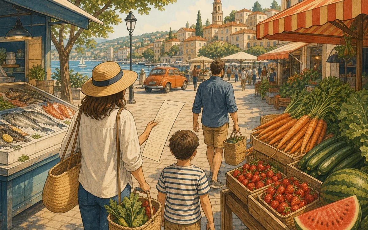 Illustration for the A1 story "La Gita al Mercato": A child's shopping list turns a routine errand into a negotiation with every vendor at the Roman market.