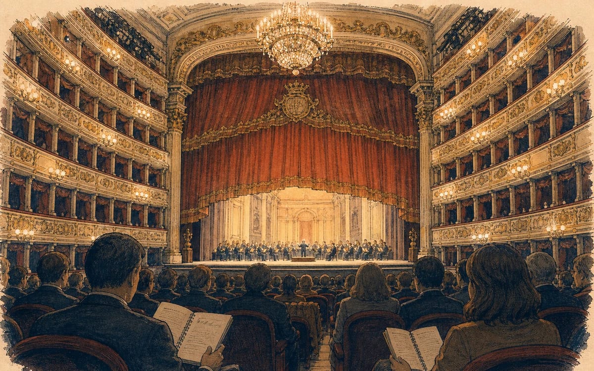 Illustration for the B2 story "La Notte della Lirica": A music critic discovers that the soprano's flawless performance at La Scala hides a devastating personal loss.
