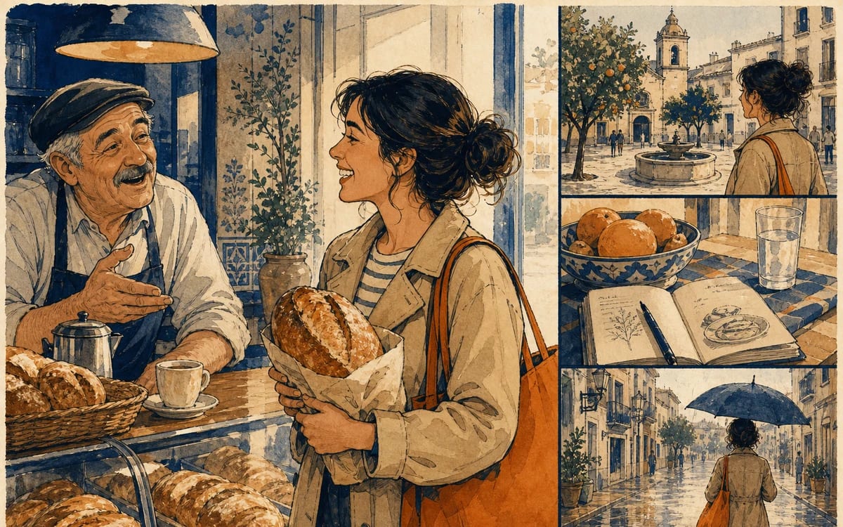 Illustration for the A2 story "La Panadería del Sábado": Sofía goes out early for crusty bread, trades jokes with Don Ramón at the plaza bakery, and walks home through light rain with a simpler plan.