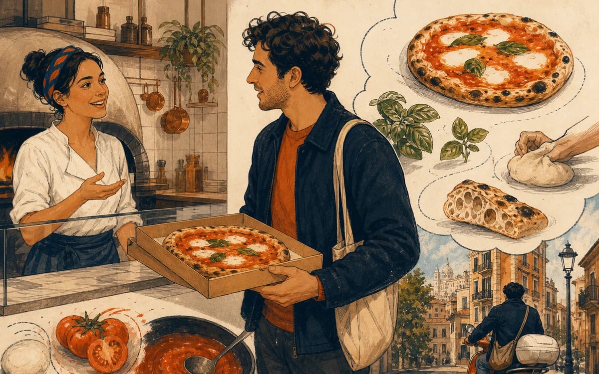 Illustration for the A1 story "La pizzeria di quartiere": Matteo orders a bubbling margherita da asporto, swaps weekend gossip with Claudia behind the counter, and carts home piping vocabulary tied to basil and blister