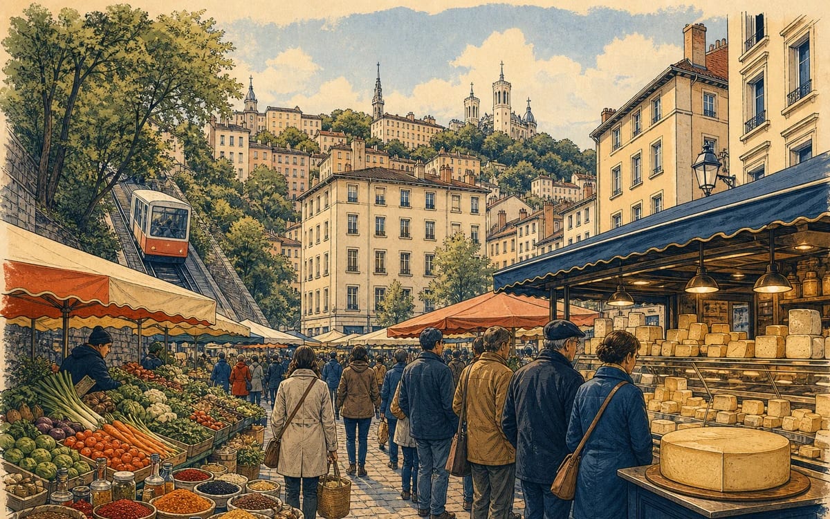 Illustration for the B1 story "La rencontre au marché": Two strangers meet at a cheese stall in a Lyon market and discover they are competing for the last wheel of Comté.