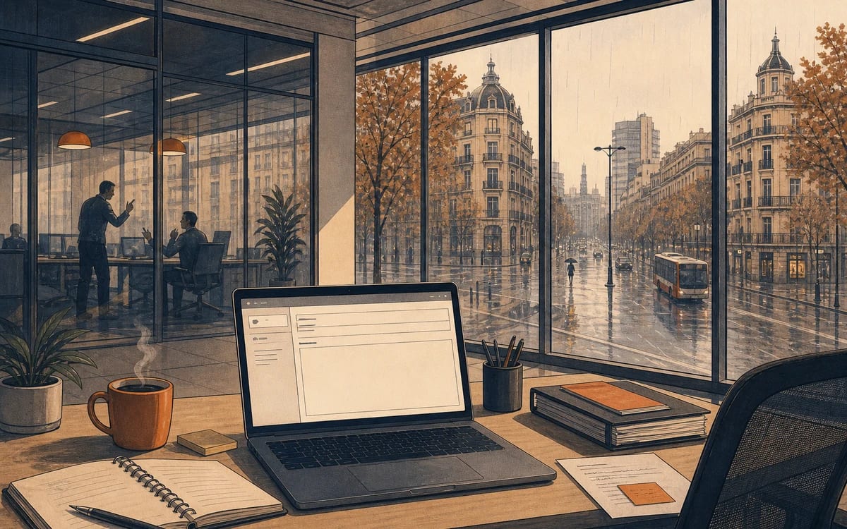 Illustration for the B2 story "La renuncia por correo": After a bruising performance review, Marta drafts her resignation from a Barcelona office while voices still echo through the glass walls.