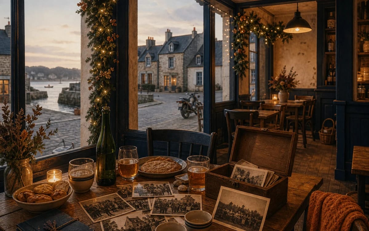 Illustration for the B1 story "La réunion des anciens": At a class reunion in a small Brittany town, an old photograph sparks a mystery that no one wants to solve.