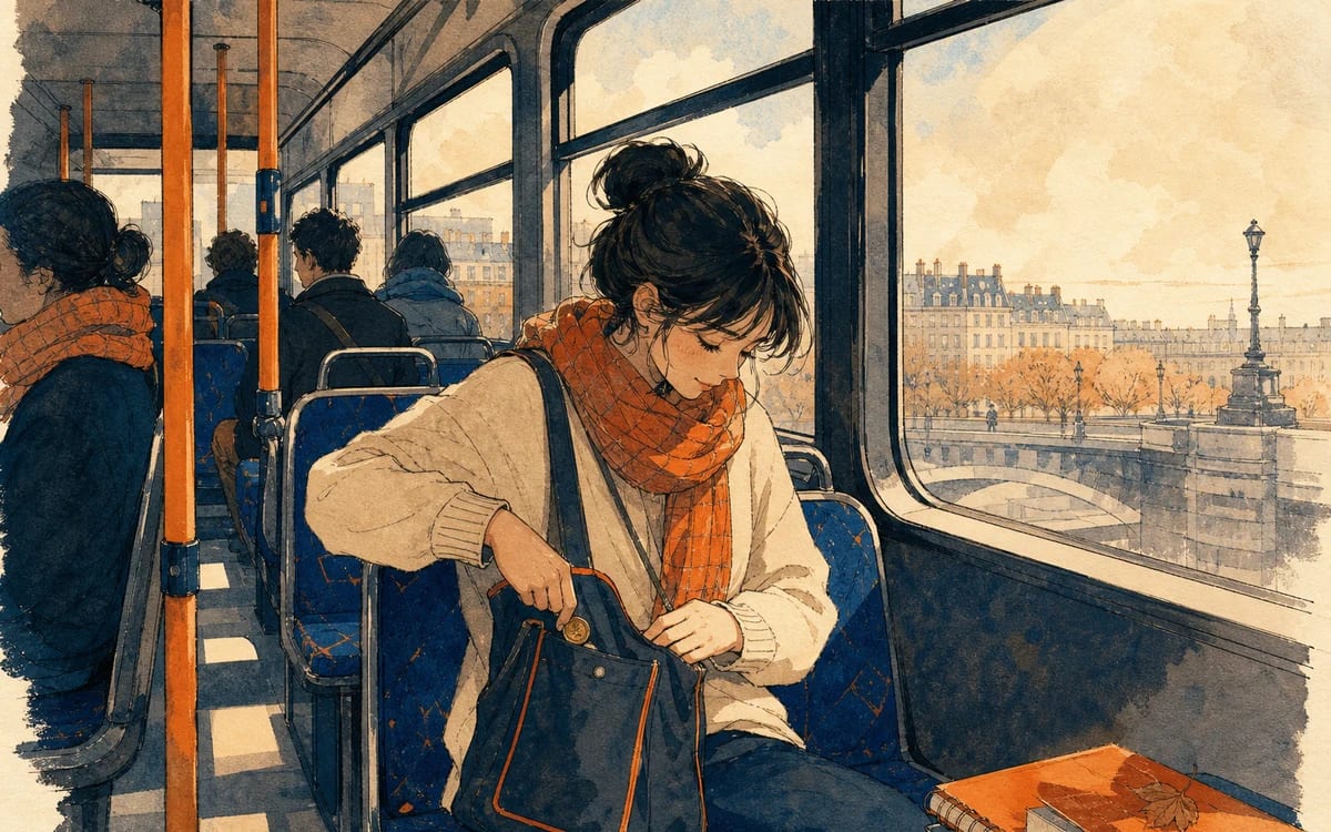 Illustration for the A1 story "Le bus du matin": Sophie boards the early bus, hunts for coins in one pocket, and still keeps her window seat ritual before school.
