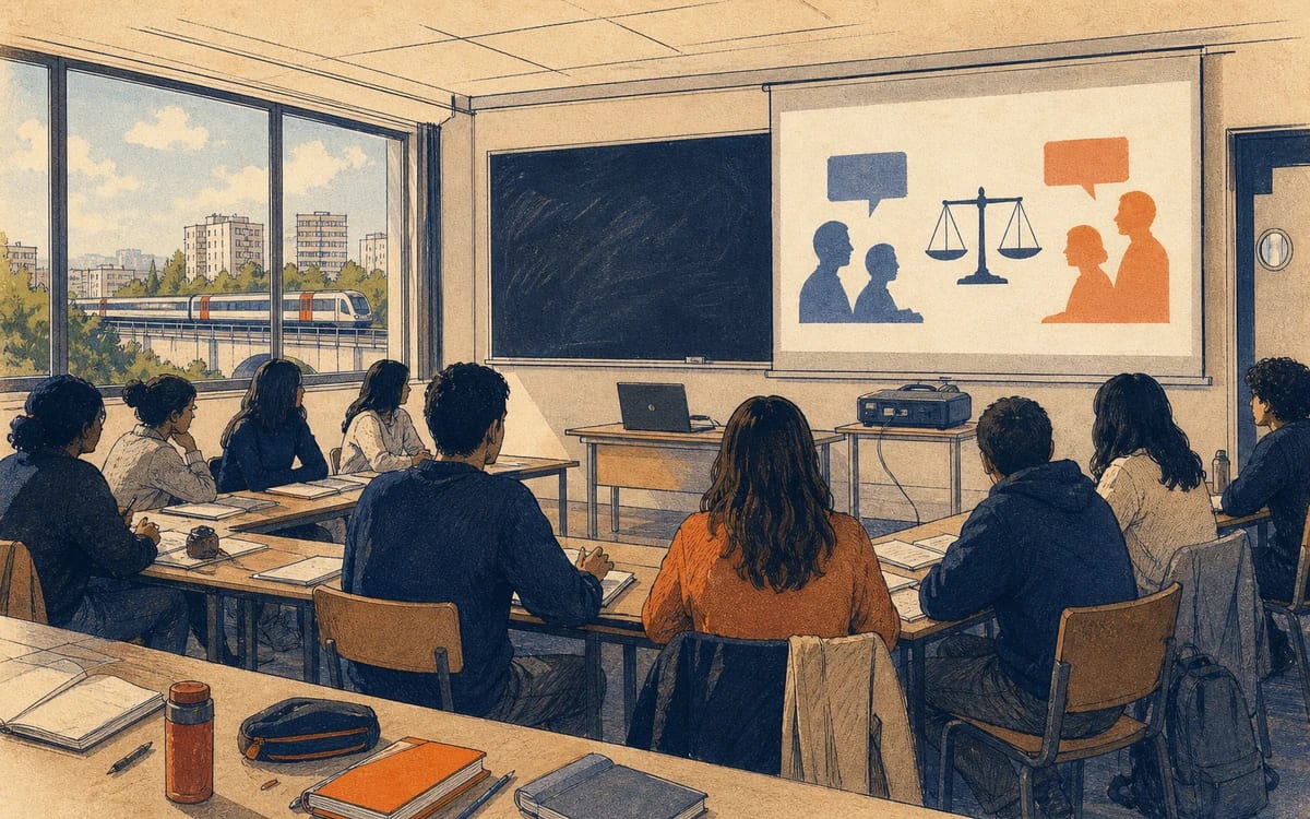 Illustration for the B2 story "Le debat en classe": A heated classroom debate about secularism forces a quiet student in a French university seminar to take a public stand for the first time.