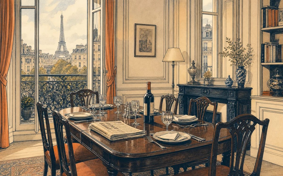 Illustration for the B2 story "Le dîner de la discorde": A wine choice at a family dinner in a bourgeois Parisian home escalates into a confrontation about an old betrayal.