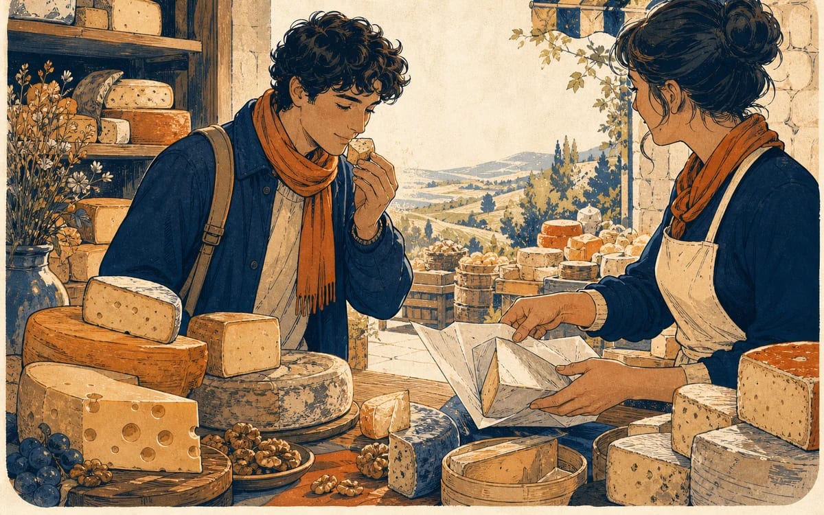 Illustration for the A1 story "Le fromager du quartier": Noah follows the smell of warmed cheese, samples one nutty slice, and learns how to wrap a wedge like a local.