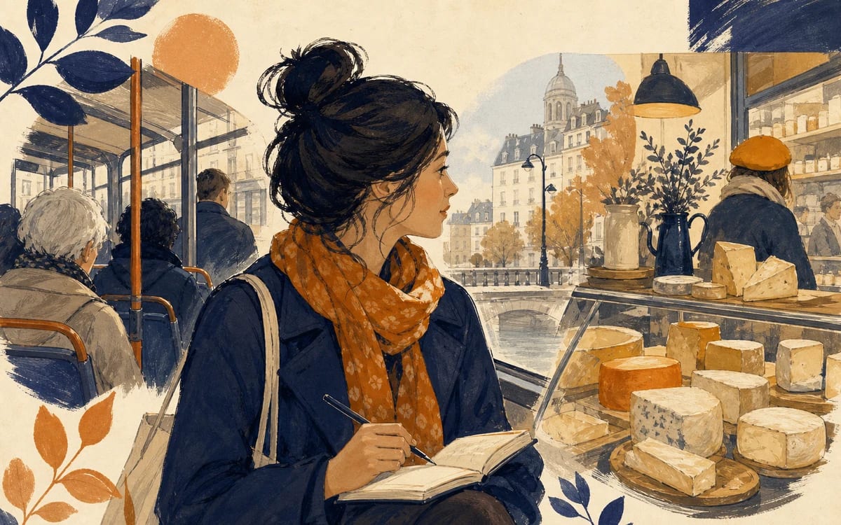 Morning bakery scene with croissants and baguette — soft Paris light for this A1 French reader.