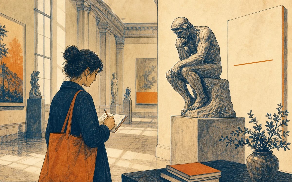Illustration for the B1 story "Le musée Rodin en octobre": Sara visits on a grey Tuesday, copies one line from a cartel beside Le Penseur, and leaves believing marble can still argue gently.