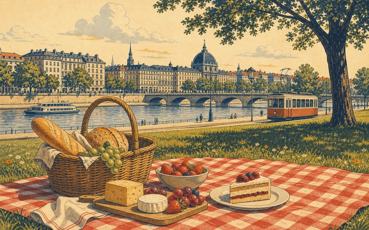 Illustration for the A1 story "Le pique-nique au parc": Two friends share a simple Sunday picnic in a Paris park and learn that politeness shapes how food is offered and received in French.
